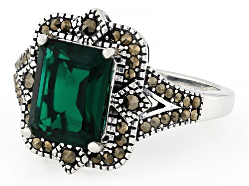 Pre-Owned 2.72ct Lab Created Emerald with 0.31ct Marcasite Rhodium Over Sterling Silver Ring - Size 8