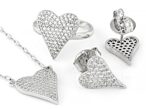 Pre-Owned Bella Luce® 1.95ctw White Diamond Simulant Rhodium Over Brass Heart Ring, Stud, and Neckla