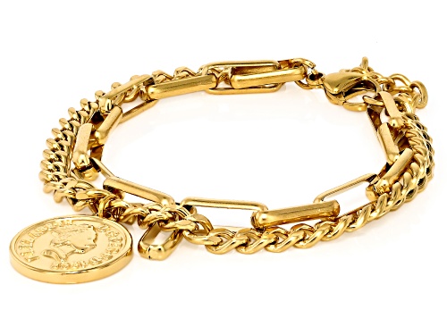 Pre-Owned Sophisticated Steel® Gold Tone Stainless Steel Paperclip-Curb Multi-Row Coin Bracelet - Size 7.5