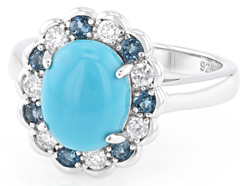 Pre-Owned Sleeping Beauty Turquoise, 0.44ctw Topaz & Prazana® Lab-Grown Diamonds Rhodium Over Silver - Size 5
