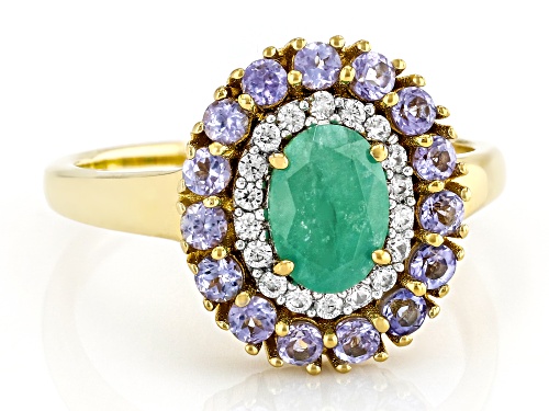 Pre-Owned 0.61ct Emerald, 0.40ctw Tanzanite, 0.18ctw White Zircon 18k Yellow Gold Over Sterling Silv - Size 6