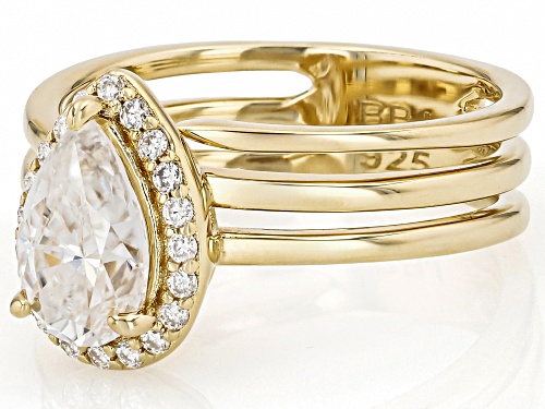 Pre-Owned Moissanite Fire® 1.70ctw DEW Pear and Round 14k Yellow Gold Over Sterling Silver Halo Ring - Size 7