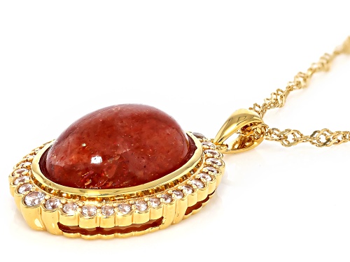 Pre-Owned 16x12mm Sunstone with 0.48ctw White Zircon 18K Yellow Gold Over Silver Pendant with Chain