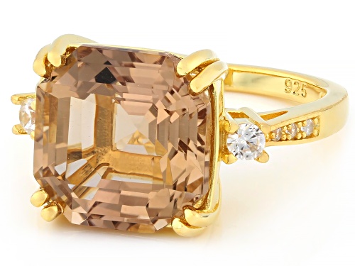 Pre-Owned 6.38ct Champagne Quartz With 0.19ctw White Zircon 18k Yellow Gold Over Sterling Silver Rin - Size 10