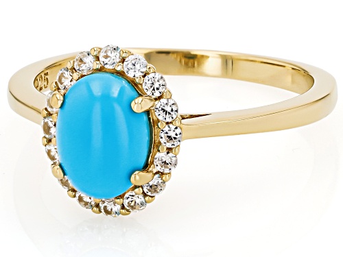 Pre-Owned 8x6mm Sleeping Beauty Turquoise With 0.30ctw White Zircon 18k Yellow Gold Over Silver Halo - Size 10