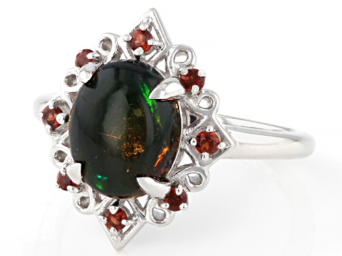 Pre-Owned 10x8mm Black Ethiopian Opal with 0.20ctw Vermelho Garnet™ Rhodium Over Sterling Silver Rin - Size 6