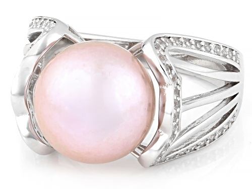 Pre-Owned 11mm Pink Cultured Freshwater Pearl With 0.48ctw Topaz Rhodium Over Sterling Silver Ring - Size 10