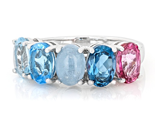 Pre-Owned 7x5mm Dreamy Aquamarine with 3.20ctw Multi-Topaz Rhodium Over Sterling Silver Ring - Size 6
