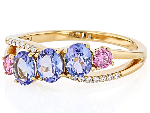 Pre-Owned 0.92ctw Tanzanite With 0.31ctw Moissanite Fire® 18k Yellow Gold Over Sterling Silver Ring - Size 7