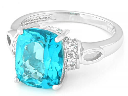 Pre-Owned 4.33ctw Paraiba Color Topaz with 0.19ctw White Topaz Rhodium Over Sterling Silver Ring - Size 8