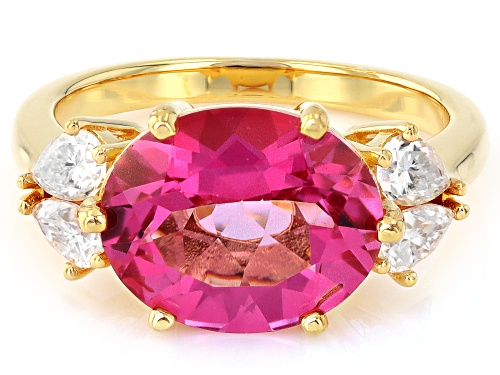 Pre-Owned 5.00ct Pink Topaz with 0.68ctw Moissanite Fire® 18K Yellow Gold Over Sterling Silver Ring - Size 7