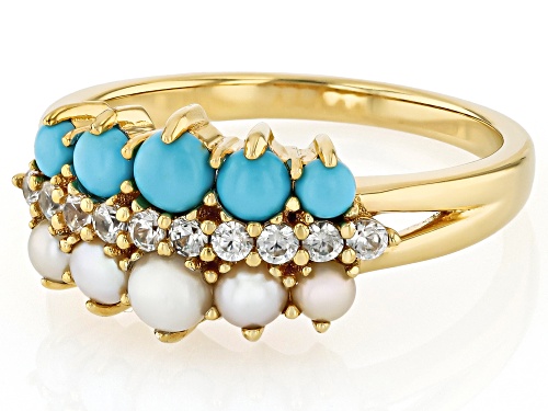 Pre-Owned Sleeping Beauty Turquoise With Cultured Seed Pearl & White Zircon 18k Yellow Gold Over Sil - Size 9