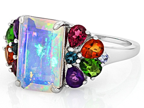 Pre-Owned 1.87ct Ethiopian Opal with 1.06ctw Multi Gemstone Rhodium Over Sterling Silver Ring - Size 7