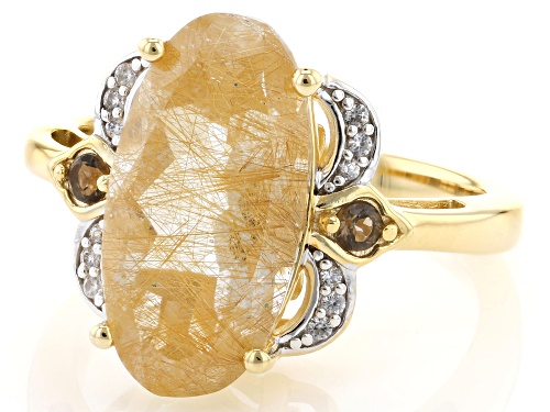 Pre-Owned 5.07ct Golden Rutilated Quartz With 0.13ctw Smoky Quartz & White Zircon 18k Gold Over Silv - Size 10