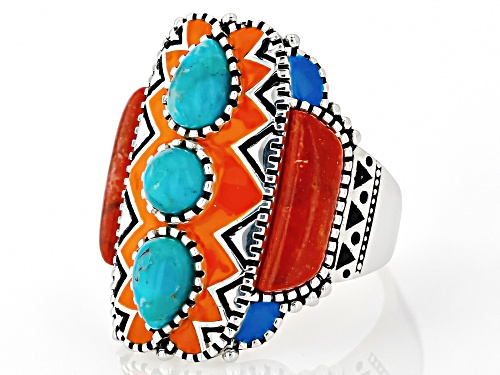 Pre-Owned Southwest Style by JTV™ Sponge Coral With Turquoise & Enamel Sterling Silver Ring - Size 8