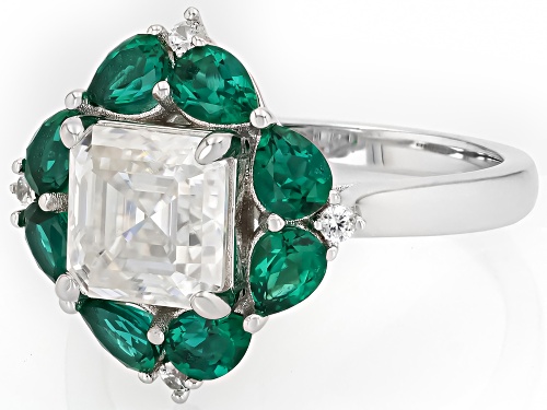 Pre-Owned Moissanite Fire® 1.93ctw DEW Asscher Cut And Round With Lab Created Emerald Platineve® Rin - Size 8