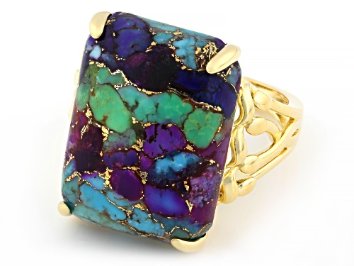 Pre-Owned 20x15mm Blended Multi-Color Turquoise 18K Yellow Gold Over Sterling Silver Ring - Size 6