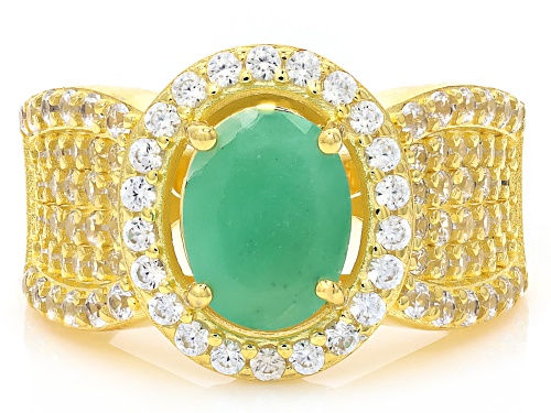 Pre-Owned 1.90ct Oval Emerald With 1.35ctw Round White Zircon 18k Gold Over Sterling Silver Ring - Size 6