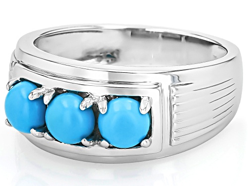 Pre-Owned 5mm Round Cabochon Sleeping Beauty Turquoise Rhodium Over Sterling Silver 3-Stone Mens Rin - Size 9