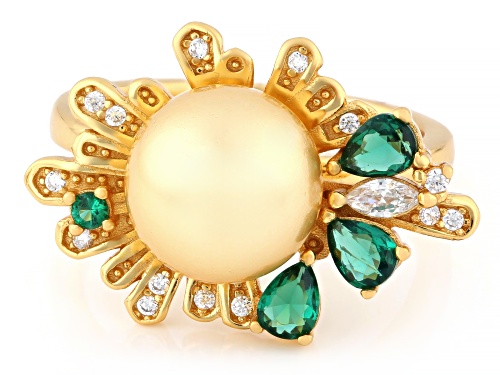 Pre-Owned Pearlfection® 10mm Golden South Sea Simulant With Bella Luce® 18k Yellow Gold Over Silver - Size 7