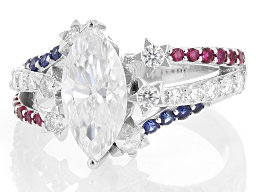 Pre-Owned MOISSANITE FIRE® 2.46CTW DEW WITH LAB  RUBY AND LAB BLUE SAPPHIRE PLATINEVE® RING - Size 7