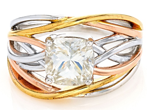 Pre-Owned Moissanite Platineve with 14k Yellow Gold and Rose Gold Over Silver crossover Ring 1.80ct - Size 6