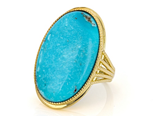 Pre-Owned 28x18mm Oval Cabochon Blue Kingman 18k Yellow Gold Over Sterling Silver Solitaire Ring - Size 8