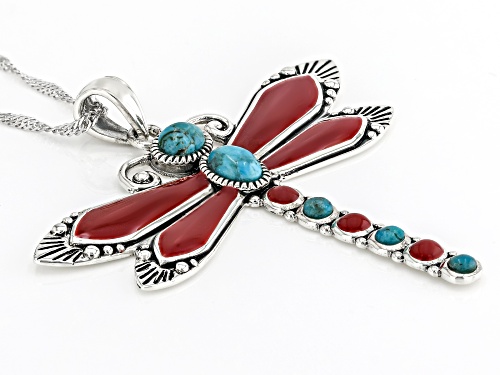 Pre-Owned Southwest Style by JTV™ Blue Turquoise & Red Enamel Sterling Silver Dragonfly Pendant With