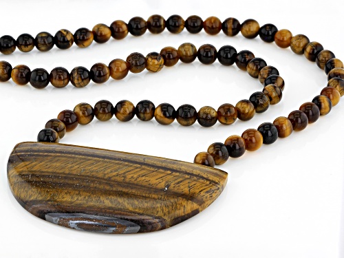 Pre-Owned Free-Form and Round Tigers Eye Bead Rhodium Over Sterling Silver Necklace - Size 18