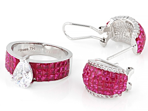 Pre-Owned Bella Luce® 3.95ctw Ruby and White Diamond Simulants Rhodium Over Brass Ring and Earring S