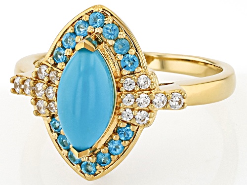 Pre-Owned 10x5mm Sleeping Beauty Turquoise, Neon Apatite, Zircon 18k Yellow Gold Over Sterling Silve - Size 9