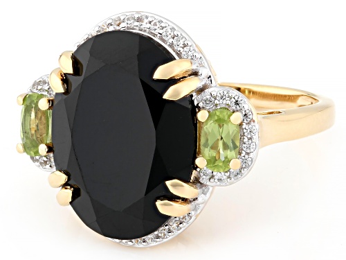 Pre-Owned 9.35ct Black Spinel, 0.48ctw Peridot, 0.26ctw White Zircon 18k Gold Over Sterling Silver R - Size 8
