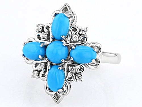 Pre-Owned Blue Sleeping Beauty Turquoise with 0.07ctw White Zircon Rhodium Over Sterling Silver Ring - Size 8