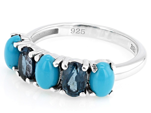 Pre-Owned 6x4mm Sleeping Beauty Turquoise with .90ctw London Blue Topaz Rhodium Over Sterling Silver - Size 7