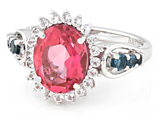Pre-Owned 3.41ctw Pink Topaz with London Blue and White Topaz Rhodium Over Sterling Silver Ring - Size 8