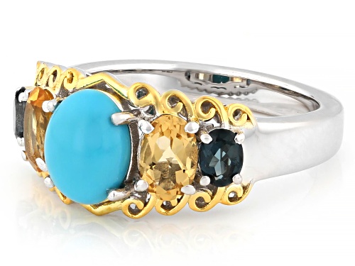 Pre-Owned Sleeping Beauty Turquoise With 1.07ctw Blue Topaz & Citrine Rhodium & 18K Gold Over Silver - Size 10