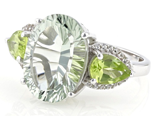 Pre-Owned 5.58ctw Concave Cut Prasiolite with Manchurian Peridot™ & White Zircon Rhodium Over Silver - Size 7