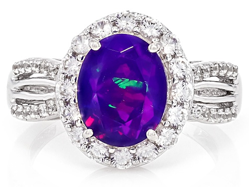 Pre-Owned 1.366ct Purple Ethiopian Opal With 0.74ctw White Zircon Rhodium Over Sterling Silver Ring - Size 7