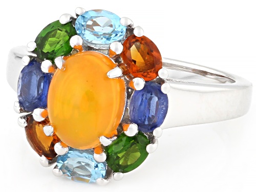 Pre-Owned 0.74ct Orange Ethiopian Opal with 1.38ctw Multi-Gemstone Rhodium Over Sterling Silver Ring - Size 7