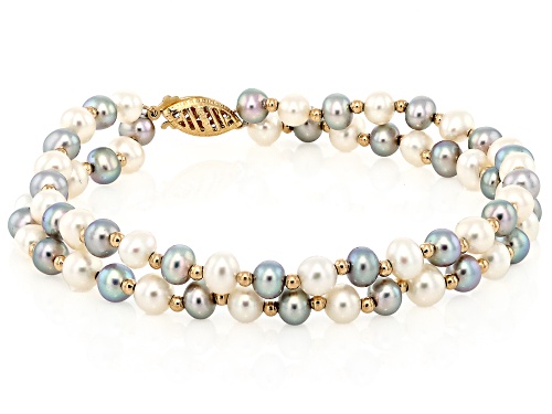 Pre-Owned 5mm White And Platinum Cultured Freshwater Pearl 14k Yellow Gold 2-Row Bracelet