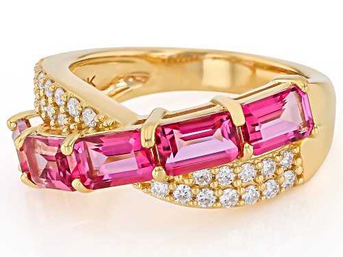 Pre-Owned 2.89Ctw Pink Topaz with 0.31Ctw White Moissanite 18K Yellow Gold Over Sterling Silver Ring - Size 10
