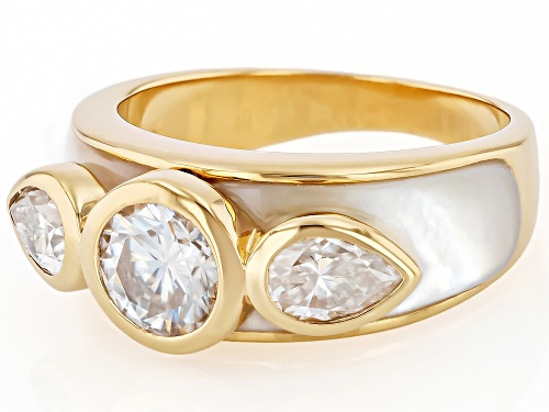 Pre-Owned MOISSANITE FIRE® 1.86CTW DEW AND INLAID MOTHER-OF-PEARL 14K YELLOW GOLD OVER SILVER RING - Size 7