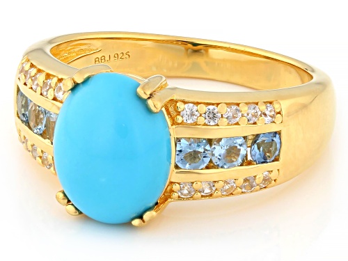 Pre-Owned 10x8mm Sleeping Beauty Turquoise With 0.58ctw Aquamarine & White Zircon 18K Gold Over Silv - Size 8