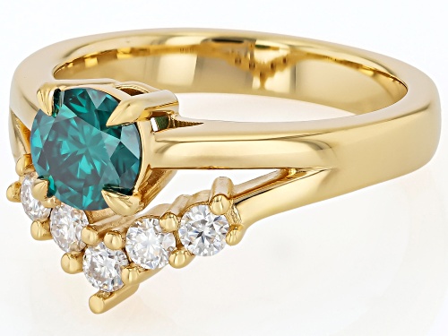 Pre-Owned MOISSANITE FIRE® AND GREEN MOISSAINITE 1.10CTW DEW ROUND 14K YELLOW GOLD OVER SILVER RING - Size 8
