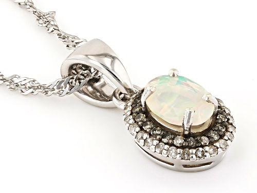 Pre-Owned 0.38ct Ethiopian Opal With 0.22ctw Diamond Accent Rhodium Over Sterling Silver Pendant Wit