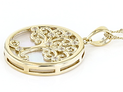Pre-Owned 20mm Mother-Of-Pearl With 0.10ctw White Zircon 18k Yellow Gold Over Silver Tree Of Life Pe