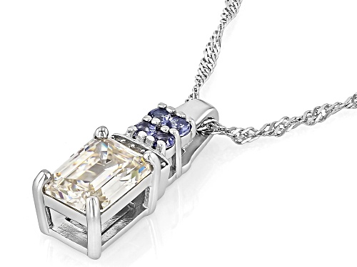 Pre-Owned 3.32ct Emerald Cut Strontium Titanite, Tanzanite With Zircon Rhodium Over Silver Pendant/C