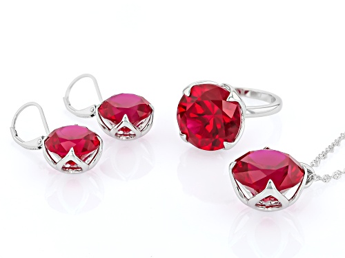 Pre-Owned 41.00ctw Round Lab Created Ruby Rhodium Over Silver Set of Ring, Earrings and Pendant with