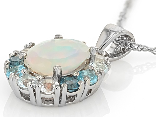 Pre-Owned 2.58ctw Ethiopian Opal & Swiss, Glacier, & London Blue Topaz Platinum Over Silver Pendant