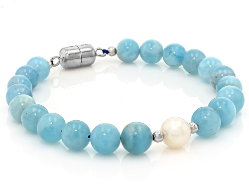 Pre-Owned 7-9.5mm Aquamarine Approximately 8mm Cultured Freshwater Pearl Rhodium Over Silver Bracele - Size 7.25